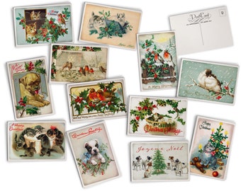 Vintage Style Christmas Animals Postcards - 24 Retro Style Christmas Illustration Postcards