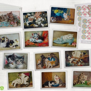 Vintage Cat Greeting Cards Collection - 24 Kitten Note Cards & Envelopes with Seal Stickers - Classic Designs Reprinted as Note Cards