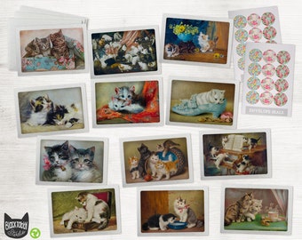 Vintage Cat Greeting Cards Collection - 24 Kitten Note Cards & Envelopes with Seal Stickers - Classic Designs Reprinted as Note Cards