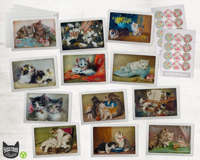 May include: A set of 12 vintage-style postcards featuring adorable kittens in various poses. The postcards are printed on high-quality cardstock and are perfect for sending a note to a loved one or adding a touch of whimsy to your home decor.