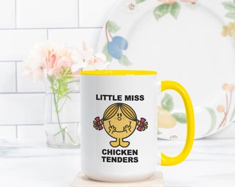 Little Miss Chicken Tenders coffee tea - Mug Deluxe 15 oz. (Yellow + White) - funny cute mug - joke - gift for friend - picky eater