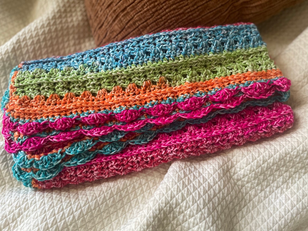 Tie Dye Crocheted Baby Blanket, Shells and Braids Throw, Textured