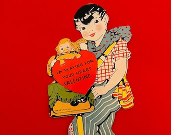Vintage Mechanical Valentine Young Man With Music Box