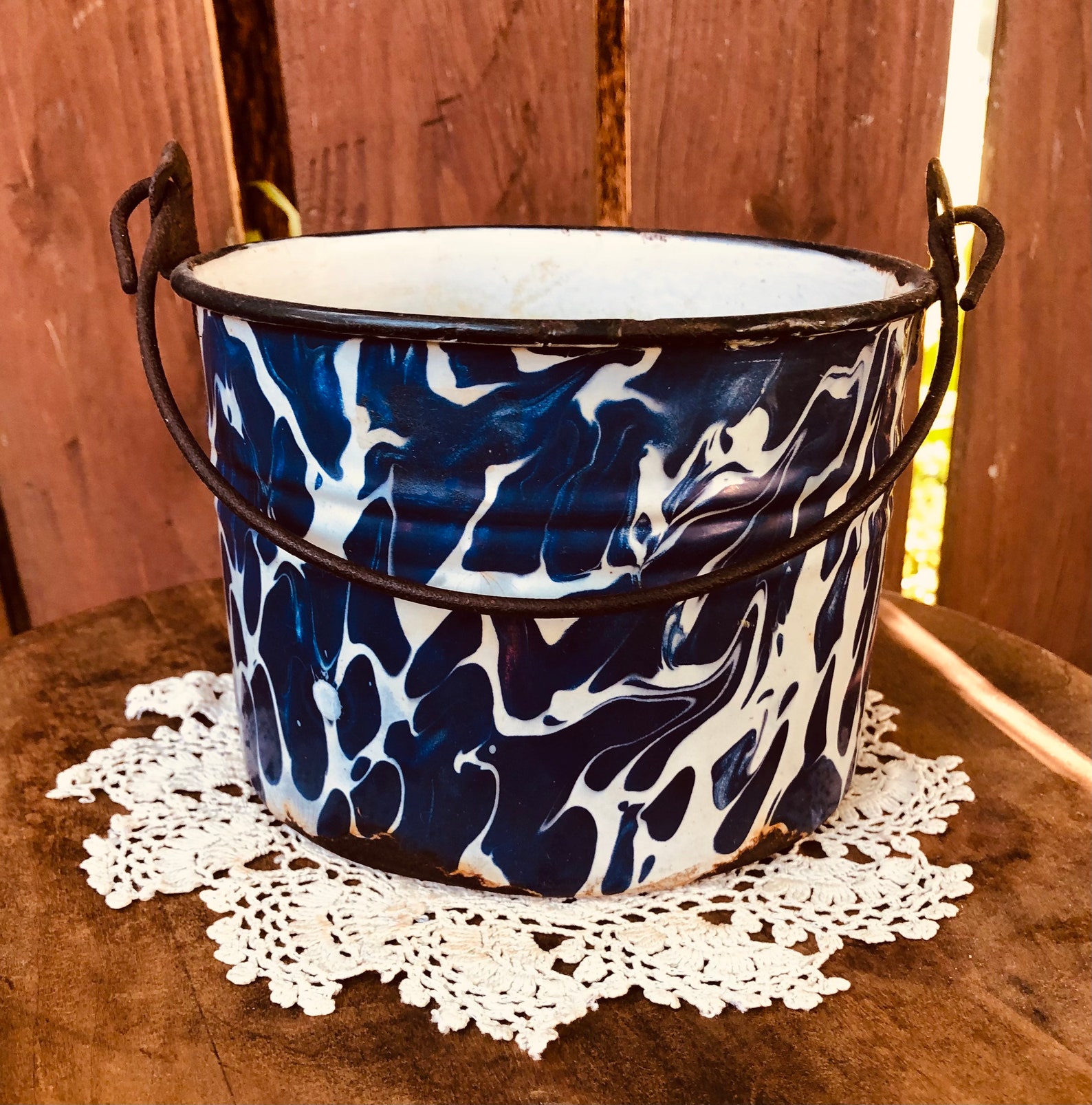 Vintage Enamelware Granite Berry Bucket Pail Navy Swirl Etsy