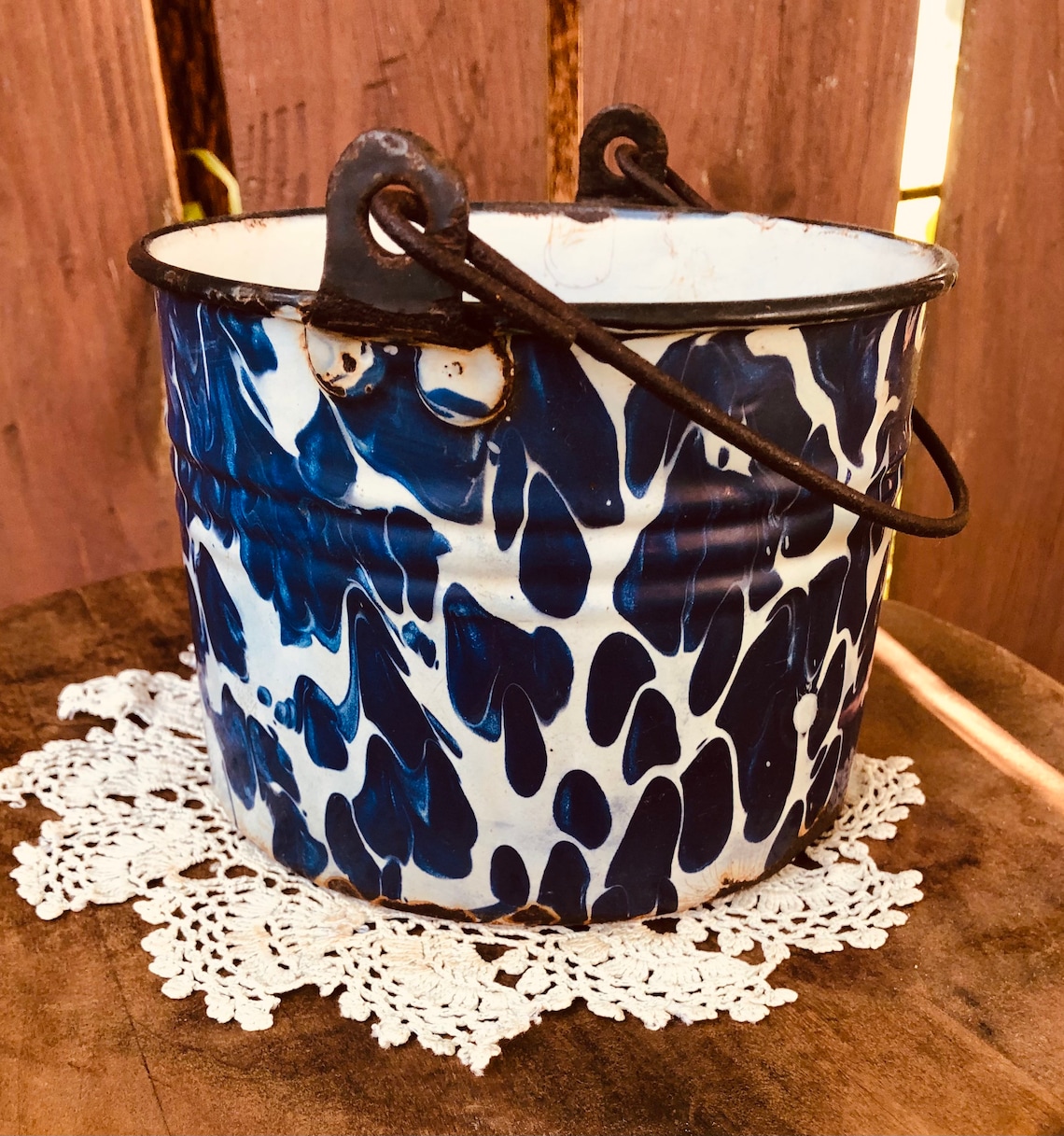 Vintage Enamelware Granite Berry Bucket Pail Navy Swirl Etsy