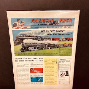 Anuncio en color de American Flyer de 1947 impreso sobre cartón de montaje y funda de plástico