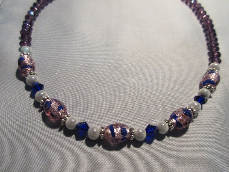 Lavender and Cobalt Blue Foil Beads with Miracle Beads and Purple Glass Beaded Necklace