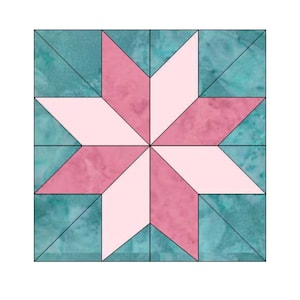 May include: A pink and teal star quilt block with a geometric pattern. The star is made up of eight points and is surrounded by a border of teal fabric.