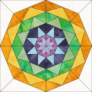 May include: A geometric design featuring a colorful, symmetrical pattern. The design is composed of triangles and other shapes in shades of orange, yellow, green, blue, purple, and black, arranged in concentric circles. The design is set against a white background.