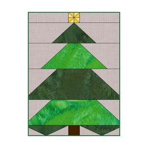 May include: A quilted Christmas tree design. The tree is composed of green triangles with a brown trunk and a yellow star on top. The background is a light beige color, and the design is framed with a green border.