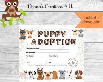 Puppy Adoption Printable Instant Download New Puppy Certificate PDF - Etsy