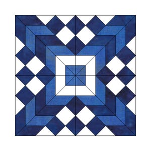 May include: A blue and white quilt block with a geometric pattern. The block is made up of squares and diamonds, and the colours are arranged in a repeating pattern.