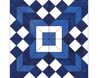 May include: A blue and white quilt block with a geometric pattern. The block is made up of squares and diamonds, and the colors are arranged in a repeating pattern.