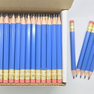 48 Blue Mini short half Hexagon Golf #2 Pencils With erasers Pre-Sharpened Made In the USA - Non Toxic Latex Free Express Pencils TM