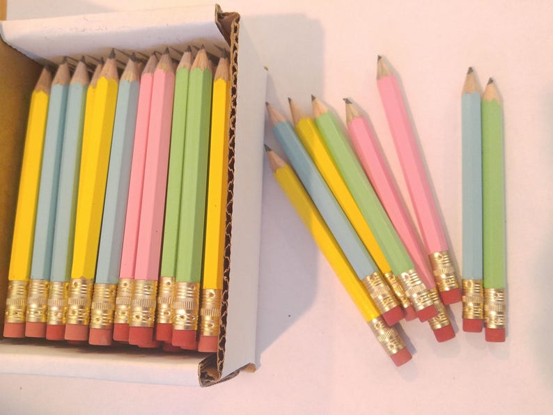 144 Pastel Mix. Mini short half Hexagon Golf 2 Pencils With erasers Pre-Sharpened Made In the USA Non Toxic Latex Free Express Pencils TM image 2