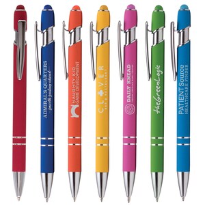 May include: A set of ten colorful pens with a stylus tip and a silver clip. Each pen has a different business name and slogan printed on the barrel. The pens are arranged in a row from left to right.