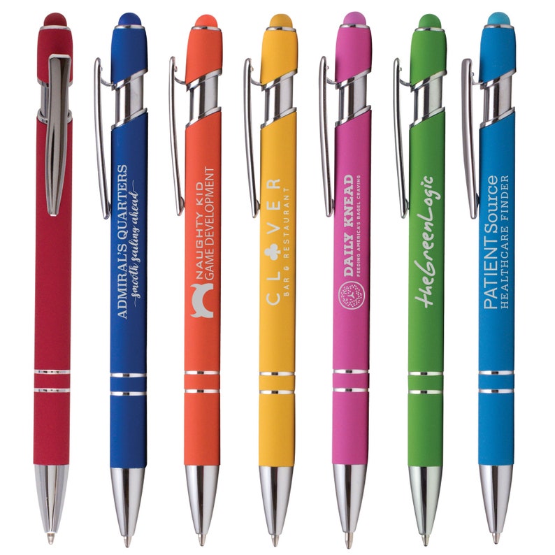May include: A set of ten colorful pens with a stylus tip and a silver clip. Each pen has a different business name and slogan printed on the barrel. The pens are arranged in a row from left to right.