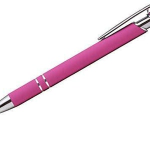 May include: A pink pen with a silver clip and a stylus tip. The pen has a black ink refill.