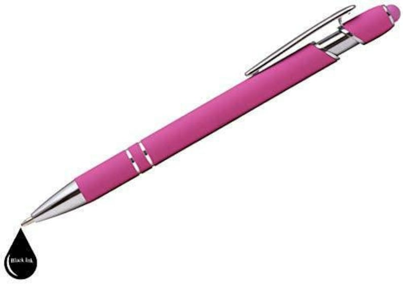 May include: A pink pen with a silver clip and a stylus tip. The pen has a black ink refill.