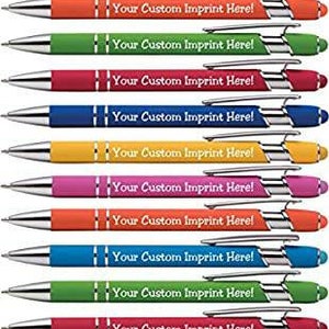 May include: A set of 12 pens with a variety of colors, including blue, red, green, yellow, orange, and pink. Each pen has a silver clip and a clear plastic barrel with a white imprint that says "Your Custom Imprint Here!"