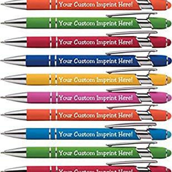 12 Premium Custom Pens with Stylus | Burst of Color | Personalized Soft-Touch Metal Printed Name Pens Black Ink  Imprinted w/Logo or Message