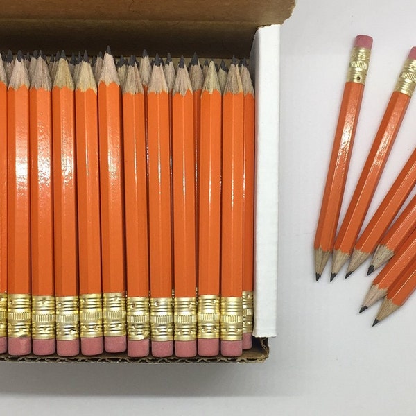 72 Orange Mini short half Hexagon Golf #2 Pencils With erasers Pre-Sharpened Made In the USA - Non Toxic Latex Free Express Pencils TM