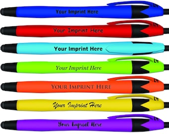 12 Jewel Custom name printed rubberized Soft Touch Ballpoint Metal Pen W/Stylus Click action pen W/Gripper Black ink Full color Printing.