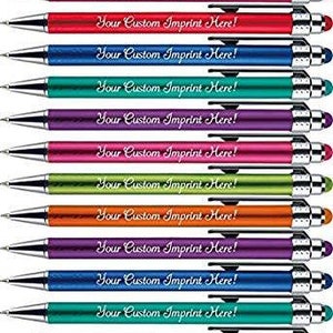 May include: Twelve pens with different colored bodies and silver accents. Each pen has the text "Your Custom Imprint Here!" printed on the body.