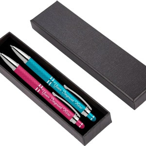 May include: Two pens in a black box. The pens are silver with blue and pink accents. The text "Your Imprint Here" is printed on each pen.