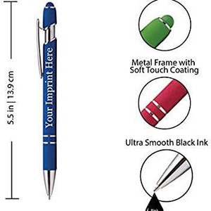 May include: A blue pen with a silver clip and a stylus tip. The pen has a white inscription that says "Your Imprint Here". The pen is 5.5 inches long. The image also shows close-ups of the pen's features, including the stylus tip, the metal frame with soft touch coating, and the ultra smooth black ink.