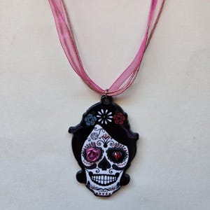 Sugar skull ribbon necklace  - Dia de los Muertos - Day of the dead jewelry - Mexican necklace