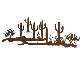 May include: A metal silhouette wall art piece depicting a desert landscape with cacti and brush. The art is rusty brown in color and has a rustic look.
