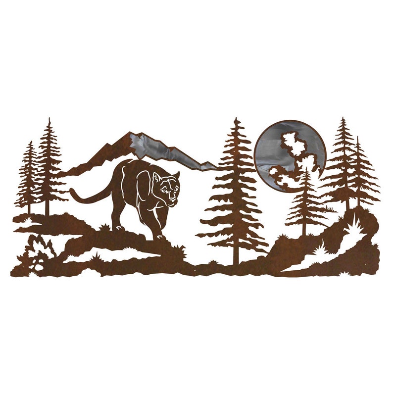 May include: A metal wall art sculpture depicting a mountain scene with a cougar walking through a forest. The sculpture is painted in a rusty brown color and features a full moon in the background.