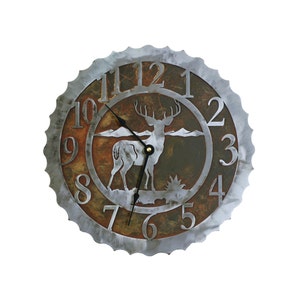 May include: A metal clock with a deer silhouette and a rustic brown and silver finish. The clock face has Roman numerals and black hands.