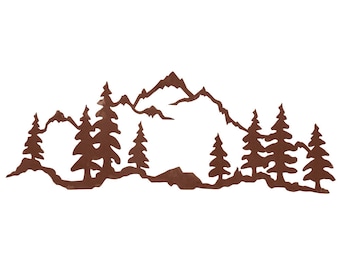 May include: A brown metal silhouette wall art depicting a mountain range with pine trees in front. The silhouette is cut out of metal and has a rustic look.