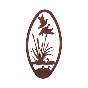 Duck Flying over Cattail Steel Oval Wall Art Vertical 11.5&quot;x 22&quot;