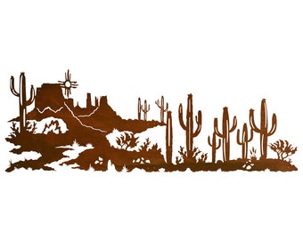 May include: A metal silhouette wall art depicting a desert landscape with cacti, mountains, and a sun. The art is brown in color and has a rustic look.
