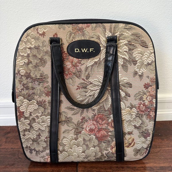 Vintage 1970s Lark Luggage Carry-On Weekend Bag Train Case Purse Floral Tapestry with D.W.F initials