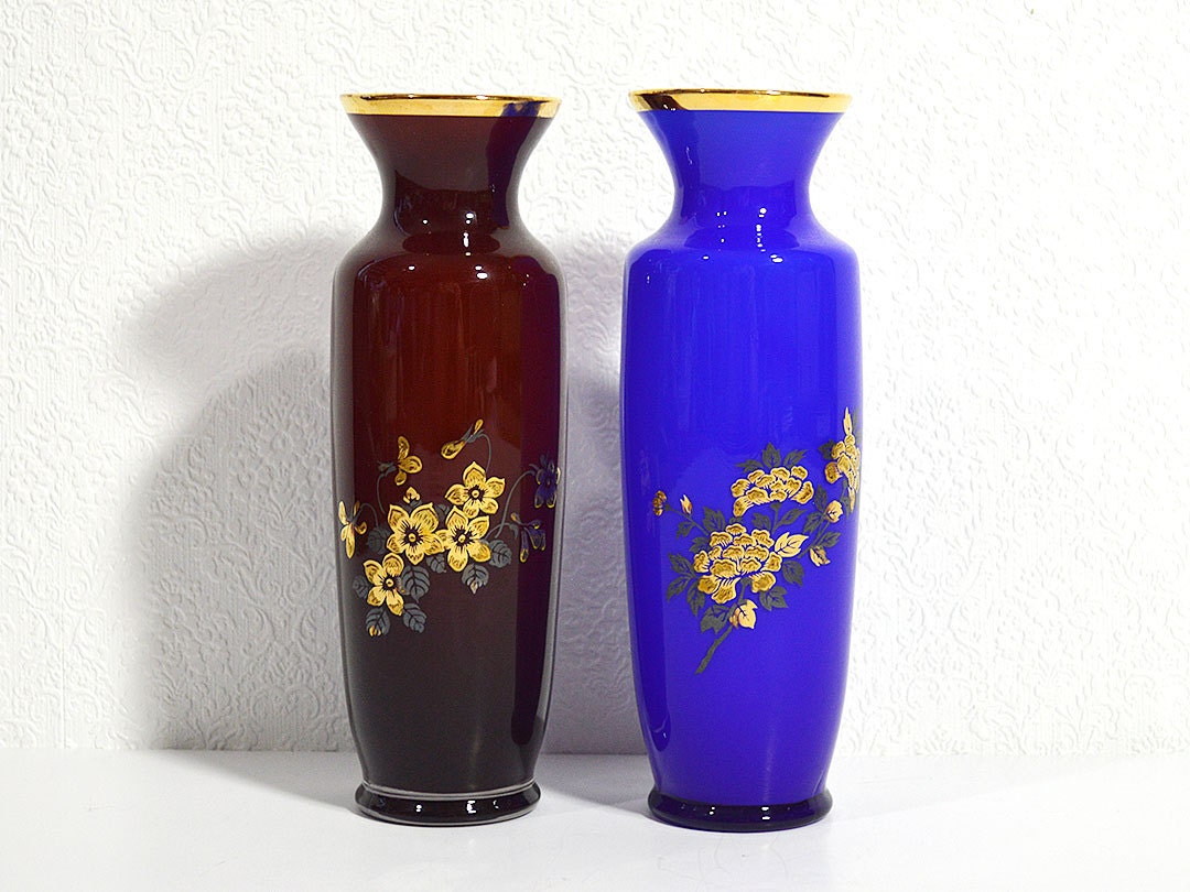 Vintage Doré Verre Vase - Bleu Cobalt ou Brun Acajou Tubé en avec La Main Peint Fleurs Or