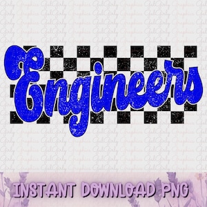 May include: Blue text that says "Engineers" with a distressed look. The text is over a black and white chequered background.