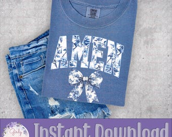Chinoiserie Amen PNG | Christian Coquette Bow Design | Blue Floral Grandmillennial Sublimation File | Instant Download 300 DPI
