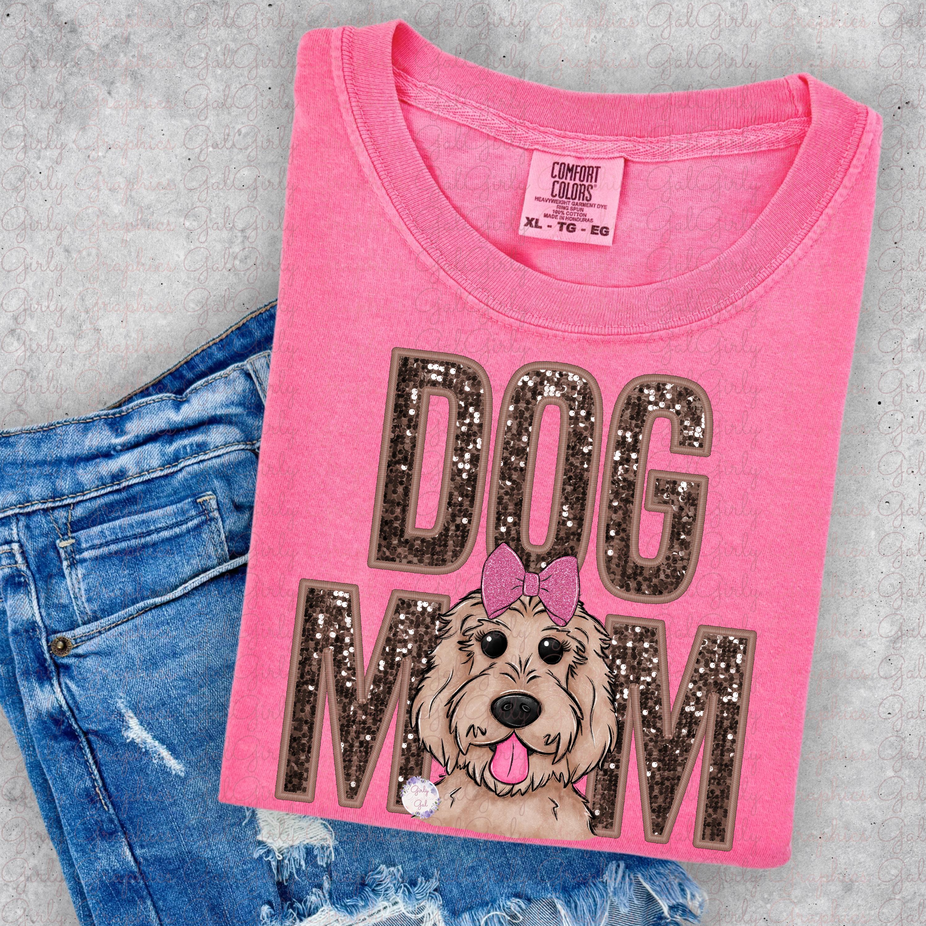 Dog Mom Faux Embroidery PNG | Golden Doodle With Pink Glitter Bow ...