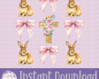 May include: A digital paper pack with a pastel purple background featuring six watercolor illustrations: a cross with pink flowers, a pink bow, and four brown bunnies. The text "Instant Download 300 dpi" is at the bottom of the image.