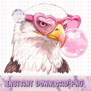 Preppy Trendy Eagle Mascot with Pink Bubblegum & Heart Glasses | Fun School Spirit Design | Instant Download PNG | Eagle Pride Kids