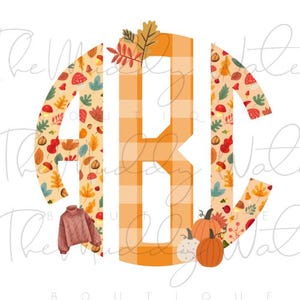 May include: A monogram design featuring the letters A, B, and C. The letters are surrounded by a pattern of autumn leaves, mushrooms, and pumpkins. The background is a plaid pattern in orange and white.