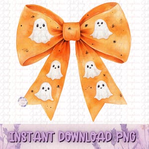 May include: A watercolour illustration of a large orange bow decorated with smiling white ghost figures. The bow has a textured appearance with black speckles. The text "INSTANT DOWNLOAD PNG" is at the bottom.