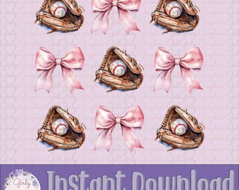 May include: A seamless pattern featuring pink bows and brown leather baseball mitts with baseballs inside. The background is a light purple with a subtle pattern.