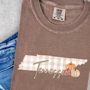 Puede incluir: Una camiseta marrón con un contorno de gingham blanco y rosa del estado de Tennessee con la palabra "Tennessee" escrita en cursiva debajo. Hay dos pequeñas calabazas dentro del contorno del estado.