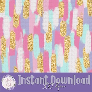 May include: Abstract digital paper with a seamless pattern of pink, purple, blue, and gold brushstrokes. The gold brushstrokes have a glitter effect. The text "Instant Download 300 dpi" is at the bottom of the image.