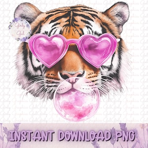 Preppy Trendy Tiger Mascot with Pink Bubblegum & Heart Glasses | Fun School Spirit Design | Instant Download PNG | Tiger Pride Kids